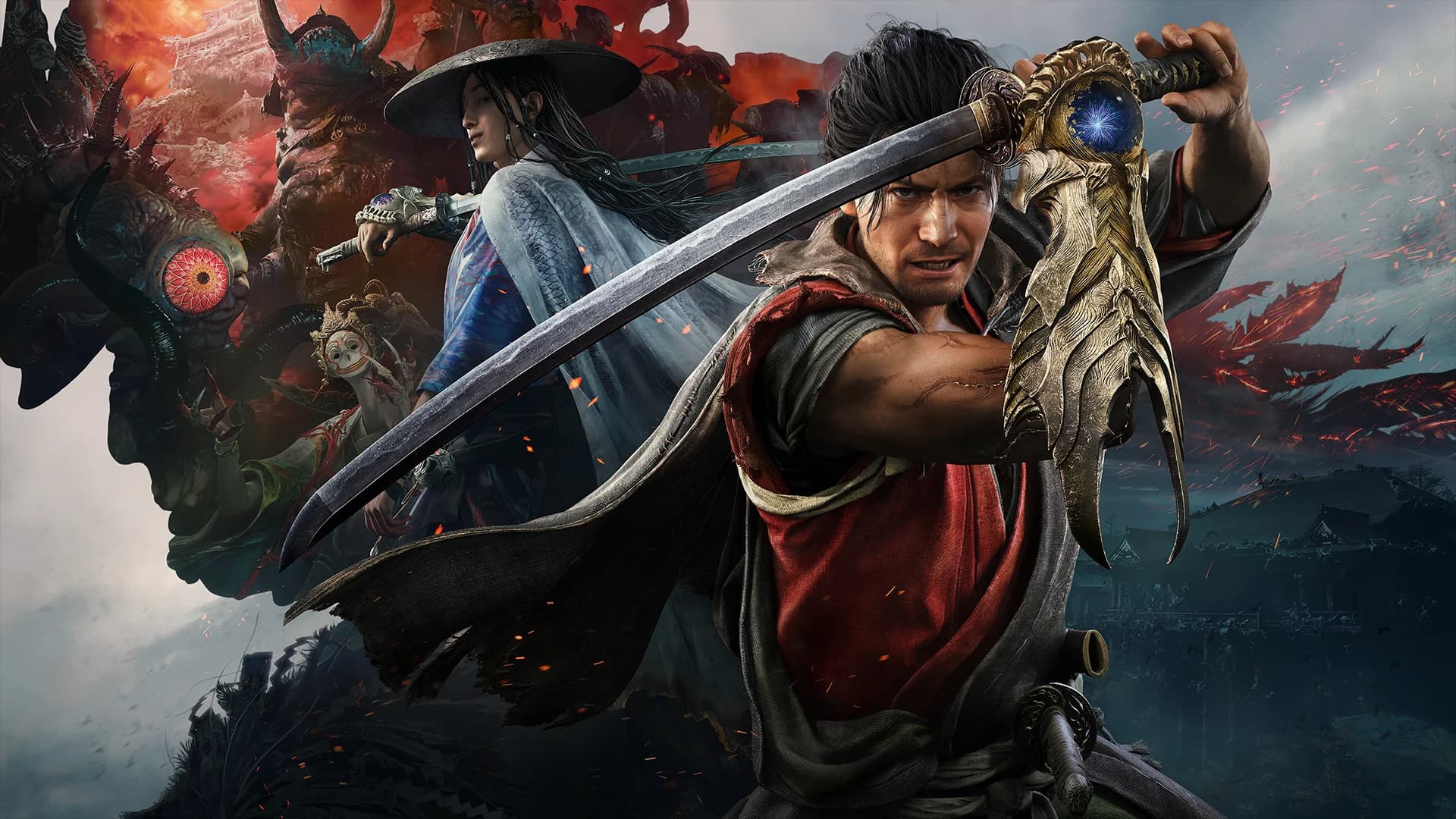 Miyamoto Musashi wielding a sword in official Onimusha: Way of the Sword key art